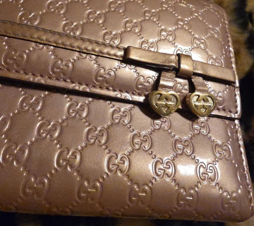 Gucci Metallic Rose Pink GG Continental Wallet with Heart Zipper Pulls